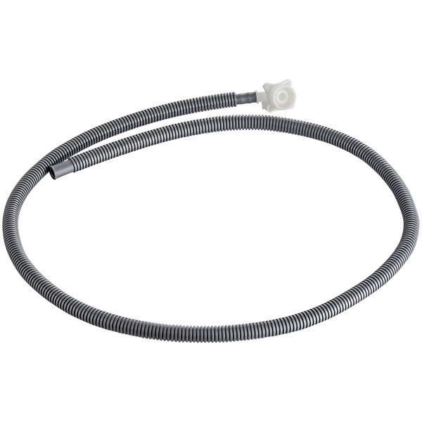 A black flexible hose with a white connector cap.