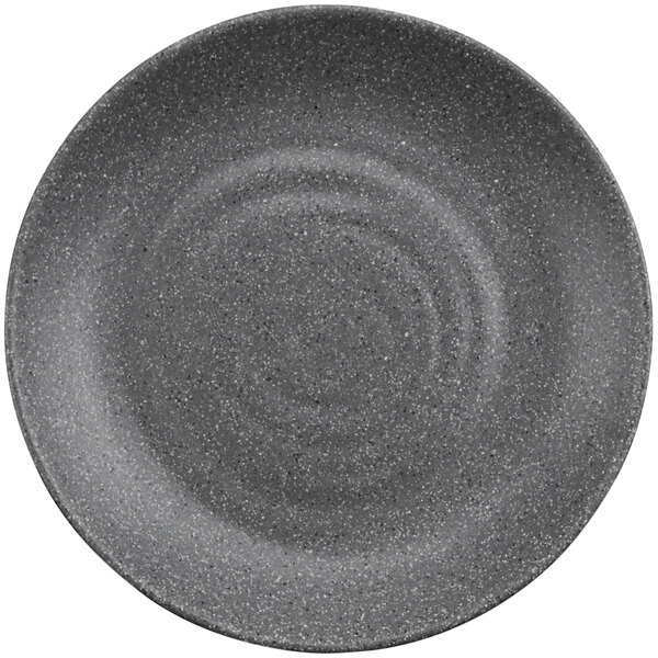 A close up of a cheforward stone grey melamine plate with a black rim.