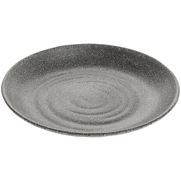 A cheforward stone grey melamine plate with a spiral design on it.