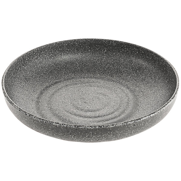 A round stone grey melamine bowl with a circular spiral design on the surface.
