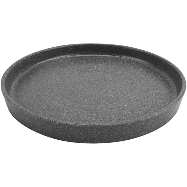 A stone grey melamine plate with a black raised rim.