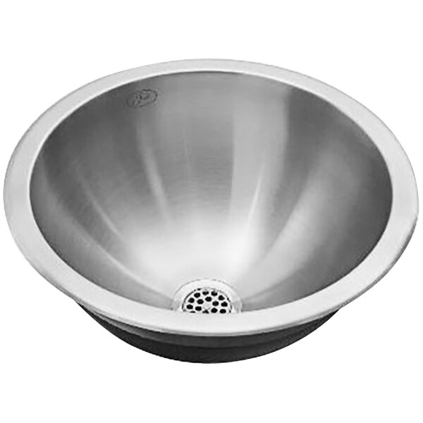 A silver Just Manufacturing round drop-in sink bowl with a drain.