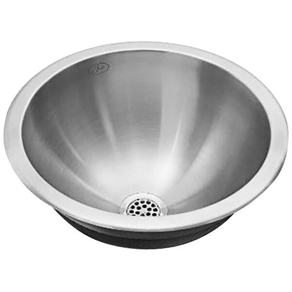 A silver Just Manufacturing round stainless steel sink bowl with a drain hole.