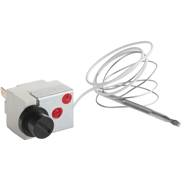 A Carnival King safety thermostat in a small white box with a black knob and a wire.