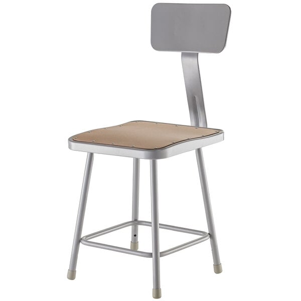A National Public Seating gray lab stool with a square brown seat and adjustable back on a silver metal frame.