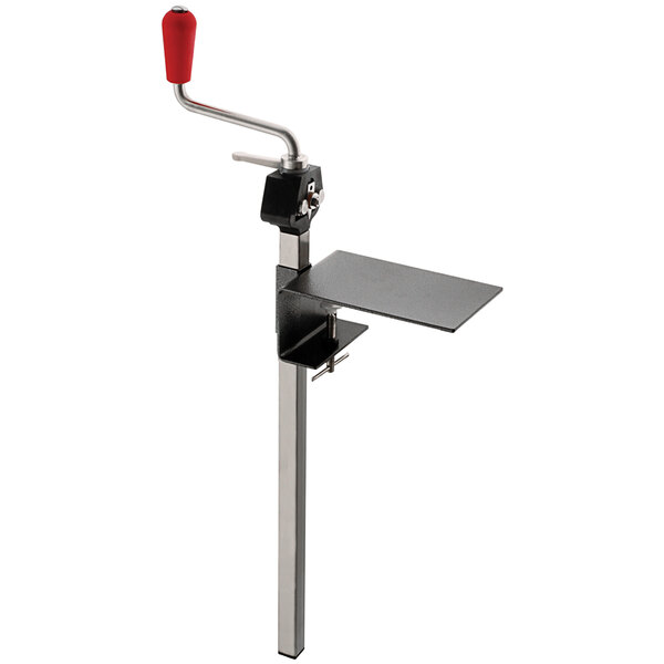 A Louis Tellier commercial can opener with stainless steel base and red handle on a metal stand.