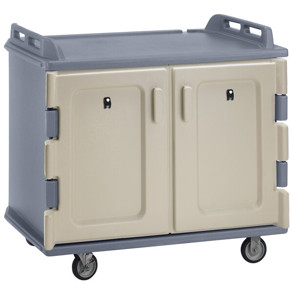 A Cambro granite gray meal delivery cart with wheels and two doors.