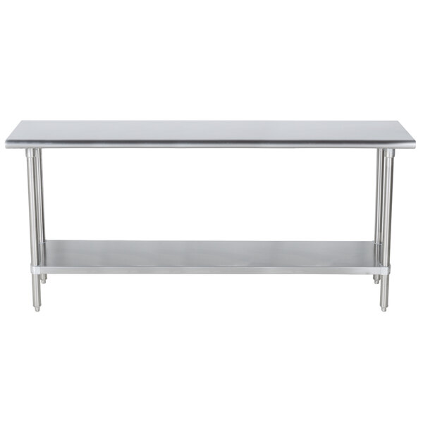 A stainless steel rectangular work table with a stainless steel shelf.