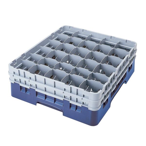 A blue plastic Cambro glass rack with 30 compartments and 5 extenders.