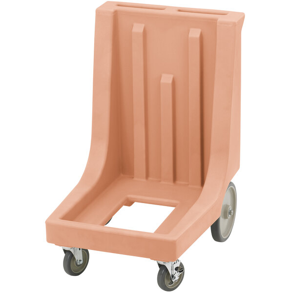 A coffee beige Cambro Camdolly with wheels and a handle.