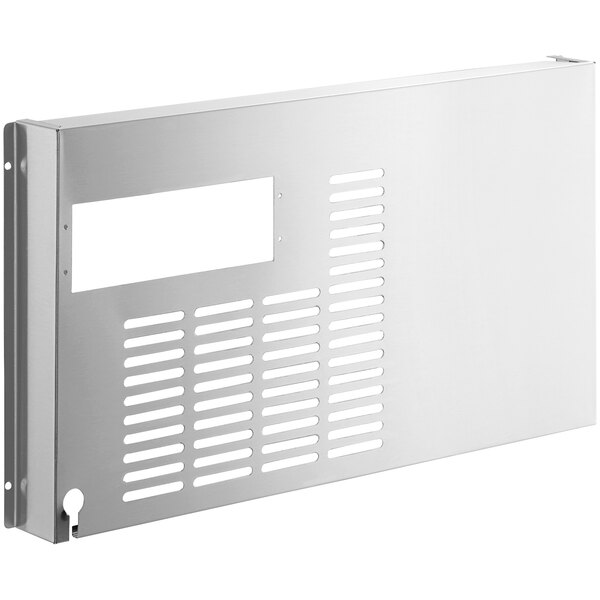 A silver metal grille panel for an Avantco refrigerator.