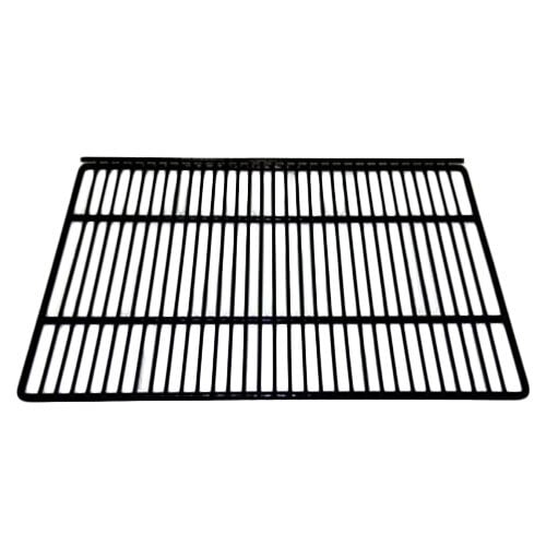 A black coated wire shelf with a grid pattern on a white background.
