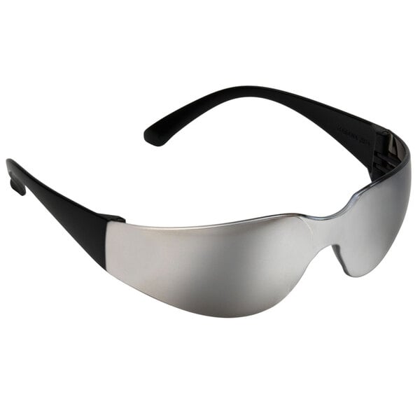 A pair of Cordova safety glasses with a black rim and silver mirror lenses.