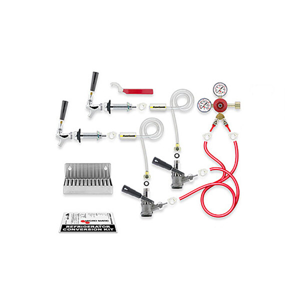 A group of Micro Matic kegerator door mount conversion kit tools and equipment.