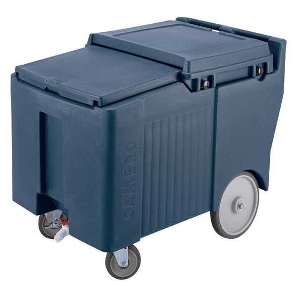 A large plastic container with wheels and a sliding lid.