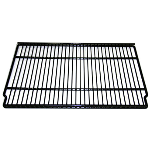A black coated wire shelf with a grid on it.