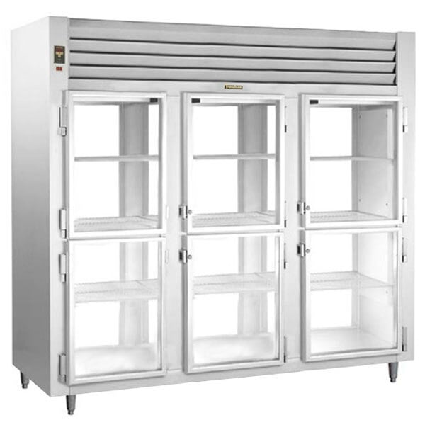 A Traulsen stainless steel pass-through refrigerator with glass doors.