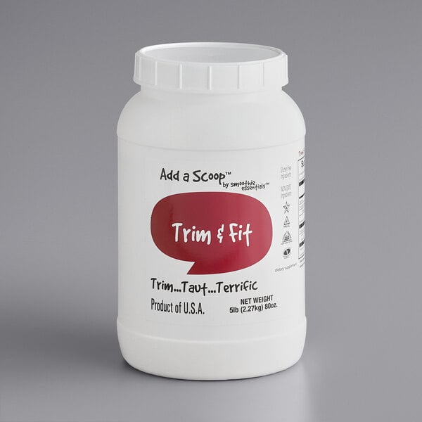 A white container of Add A Scoop Trim & Fit supplement powder with a red label.