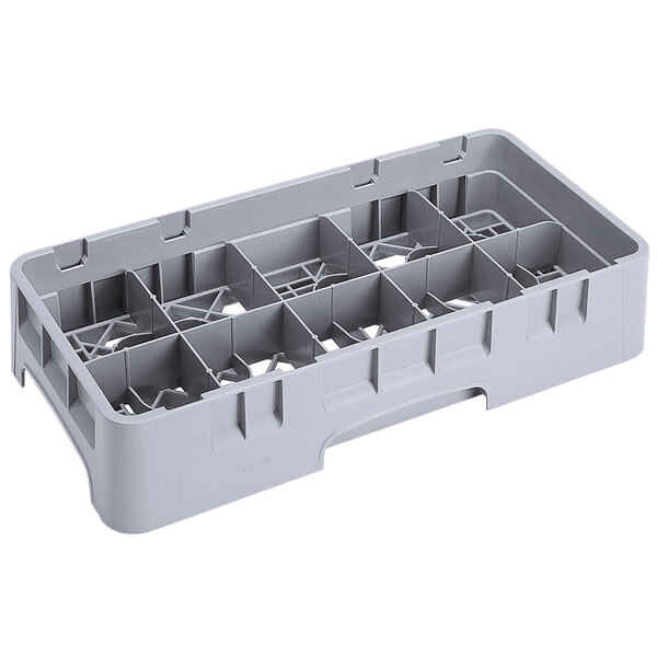 A grey plastic Cambro glass rack with 10 compartments and 2 extenders.