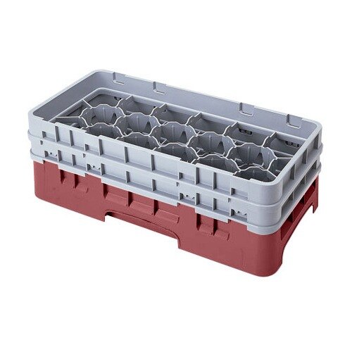 A grey plastic Cambro glass rack with 17 compartments and 4 extenders.