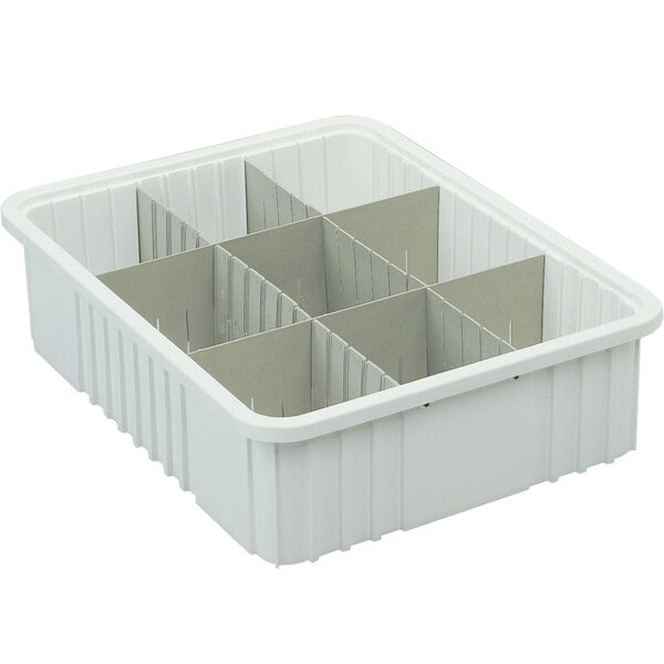 A gray plastic tote box divider with silver dividers inside.