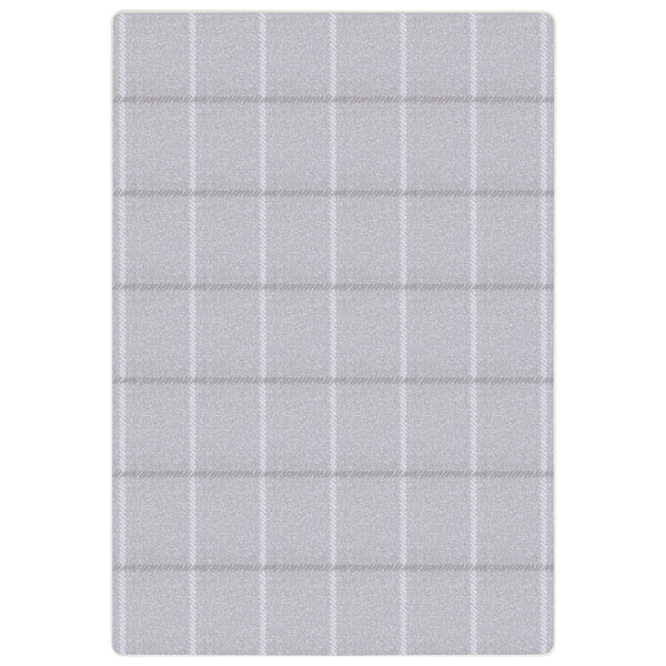A white rectangular area rug with a grid pattern in black.
