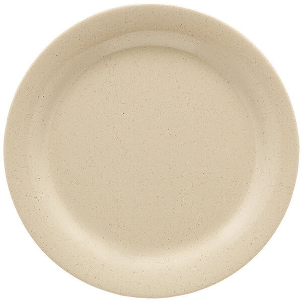 A close-up of a GET Tahoe Sandstone plate with a beige color.