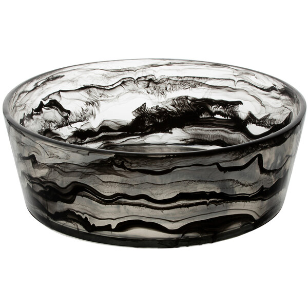 A black and white Bon Chef round smoke resin bowl with swirls on a table.