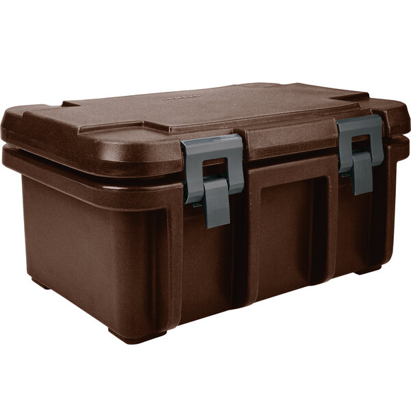 A dark brown plastic box with two handles.