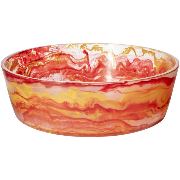A Bon Chef round resin bowl with a swirl of red and yellow paint.