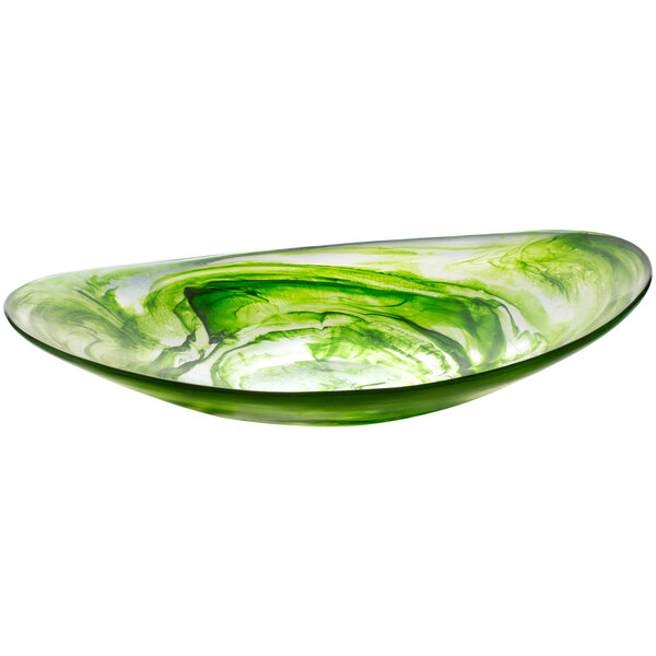 A green and white Bon Chef oval bowl with a swirl design.