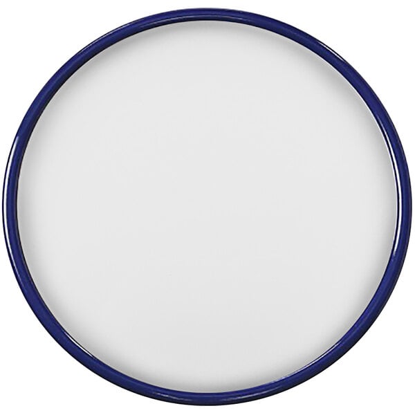 A white round melamine tray with a blue rim.
