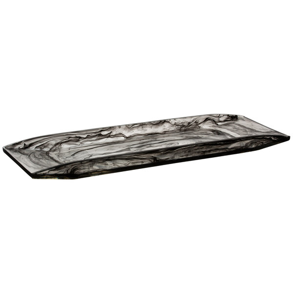 A rectangular smoke resin platter with a black and white design.