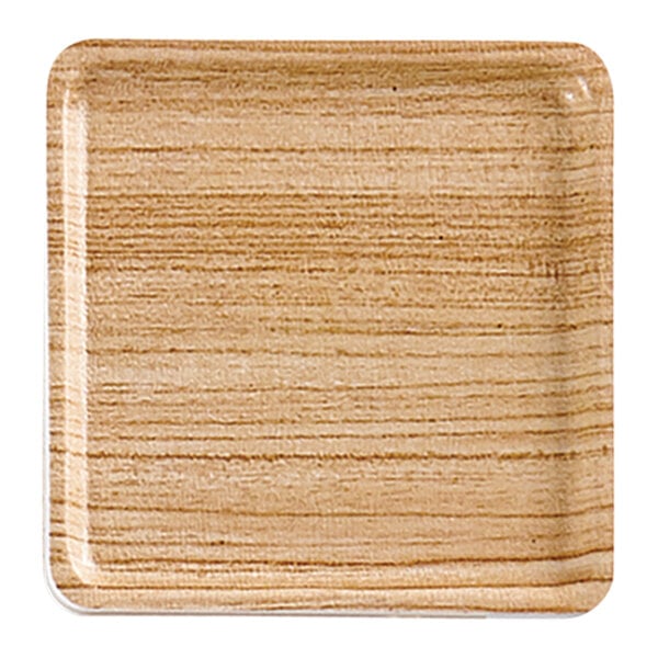 A square faux wood melamine tray with a brown finish.