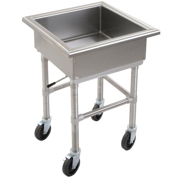 A stainless steel Eagle Group mobile soak sink with black wheels.