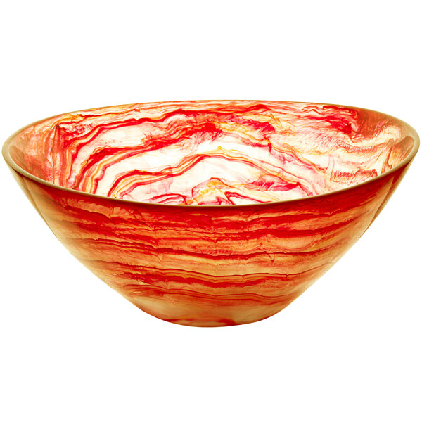 A red bowl with white and yellow swirls.