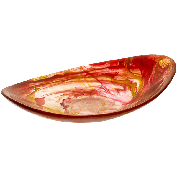 A Bon Chef oval shallow bowl in red with yellow swirls.