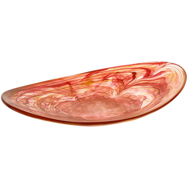 A Bon Chef oval shallow bowl with a red and orange swirl design.