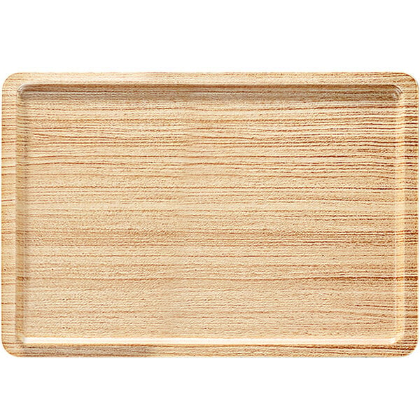 A Cal-Mil rectangular melamine tray with a faux wood surface.