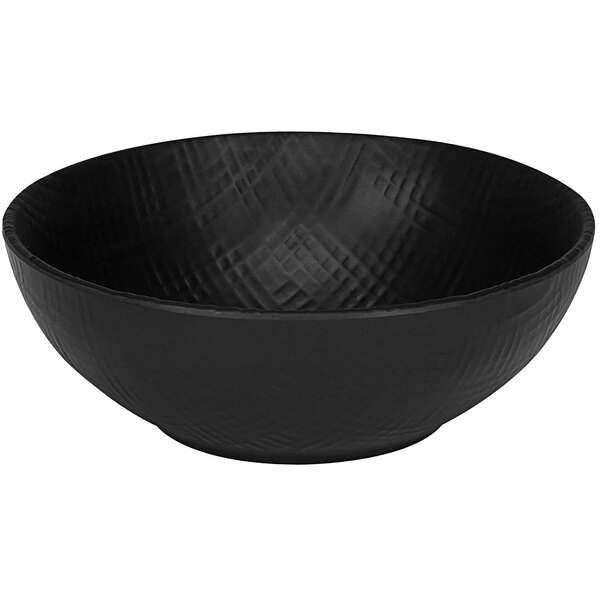 A black Cal-Mil melamine bowl with a textured pattern.