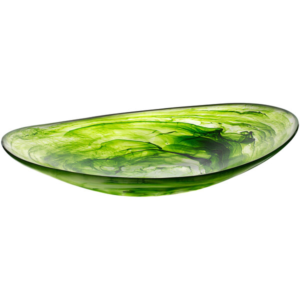 A green Bon Chef Oval Eden shallow bowl with swirls on the surface.