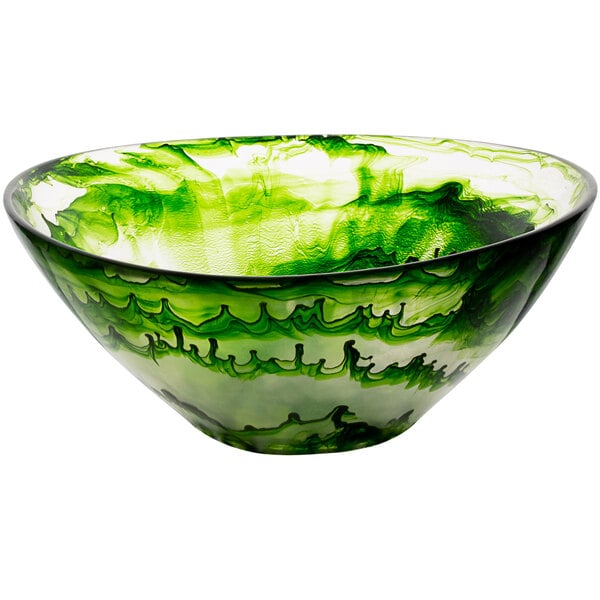 A green and white Bon Chef oval resin bowl with a green and white design.