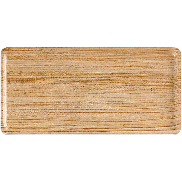 A rectangular faux wood melamine tray with a wood grain.