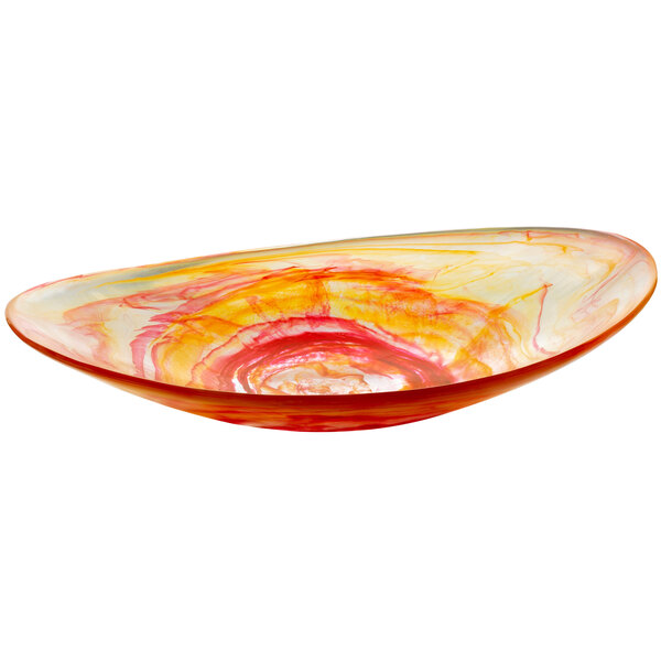 A Bon Chef oval resin bowl with a red and yellow swirl design.