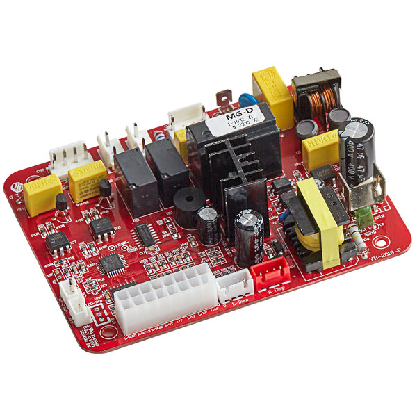 A red PCB main touch board for a wine cooler with various components on it.