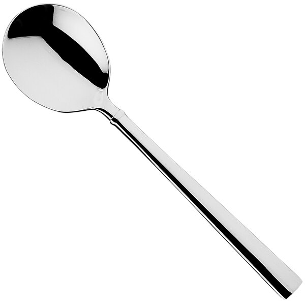A Sola stainless steel soup spoon with a long handle.