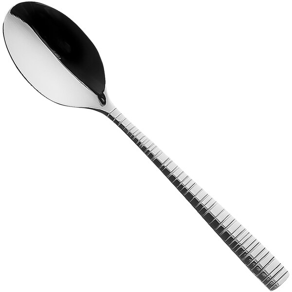 A Sola stainless steel demitasse spoon with a black handle.