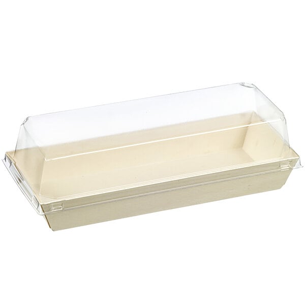 A white rectangular Solia wooden punnet with a clear plastic lid.