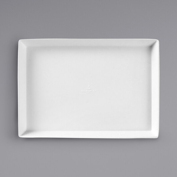 A Solia white rectangular plate with a white border.
