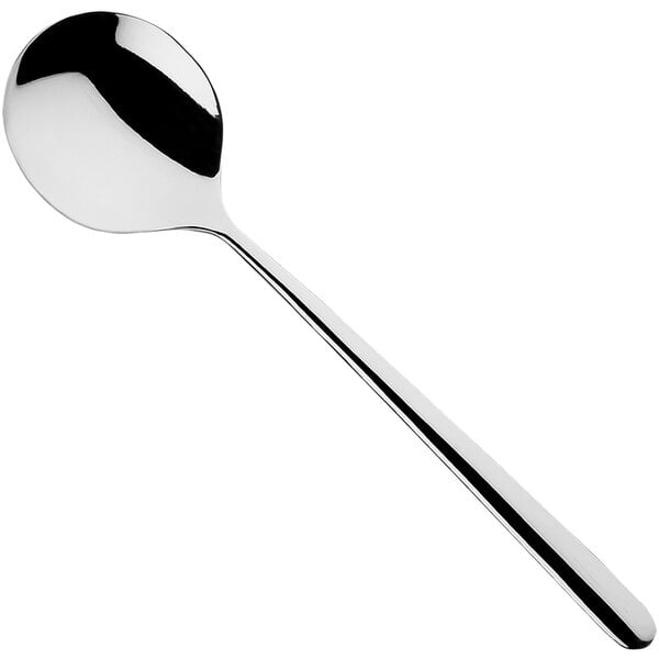 A Sola stainless steel round bowl soup spoon with a long silver handle.